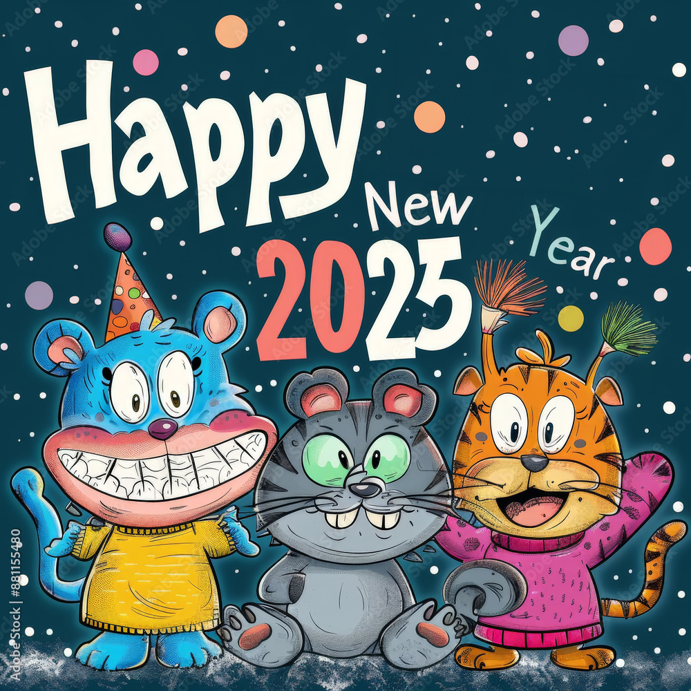Fototapeta premium Cute Animal Characters Celebrating New Year 2025