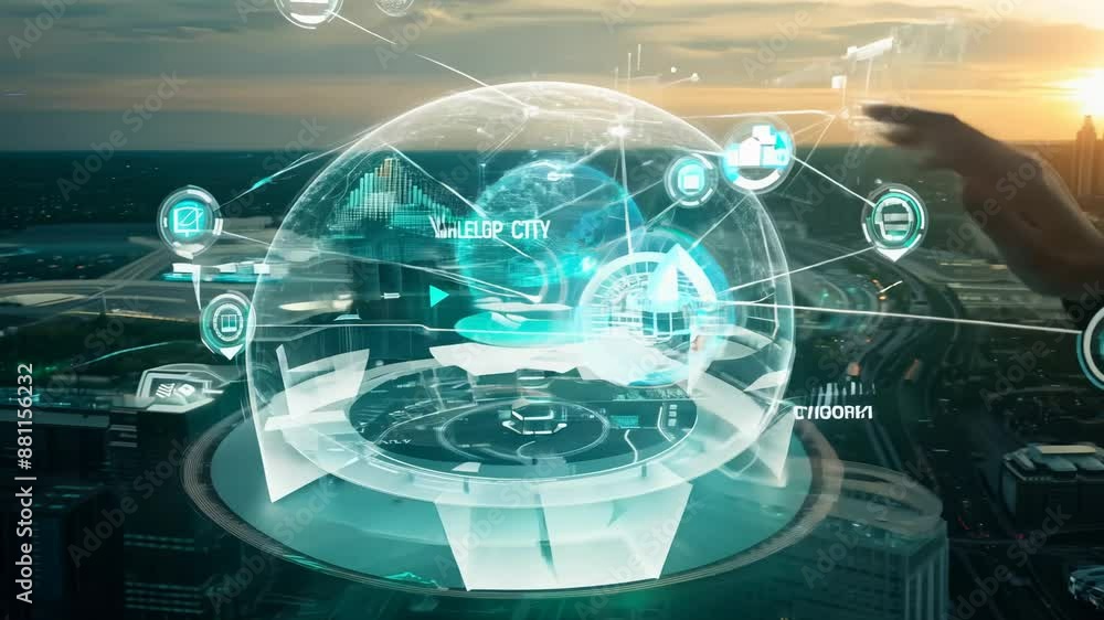 A holographic globe model is shown rotating on a platform, surrounded by digital icons, above a nighttime city A holographic globe model is shown rotating on a platform, surrounded by digital icons, above a nighttime city