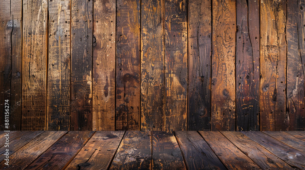 Rich brown wood wall floor matching studio wallpaper background room for copy text Rich brown wood wall floor matching studio wallpaper background room for copy text