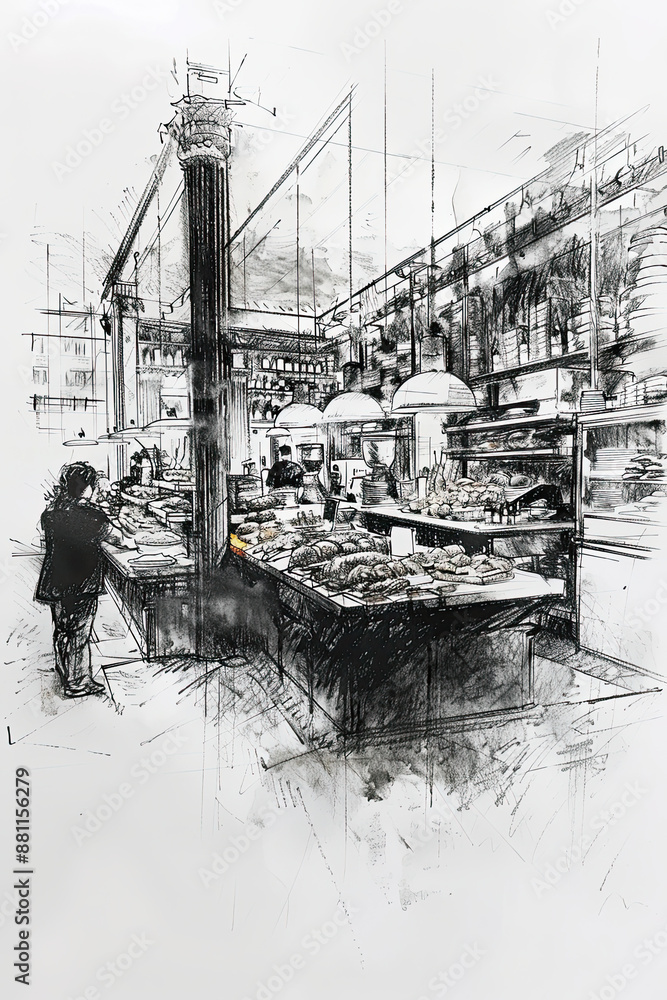 Fototapeta premium A black and white sketch of a bakery