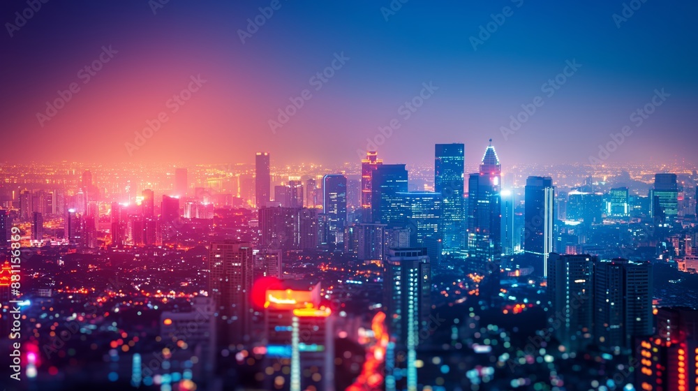Fototapeta premium Aerial view of a city skyline at night with illuminated skyscrapers and vibrant lights