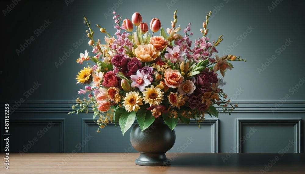 Elegant Flower Arrangement in Vase on Wooden Table with Dark Background Elegant Flower Arrangement in Vase on Wooden Table with Dark Background
