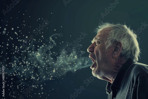 Senior man captured mid-sneeze tiny illness particles air. White-bearded old man sneezes spreading tiny visible particles. Visual representation of how respiratory illnesses spread  photo