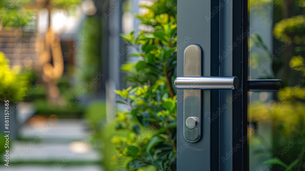 Fototapeta premium Smart Door Lock Focus on a smart door lock on a front door, with a bright background, empty space center for text 