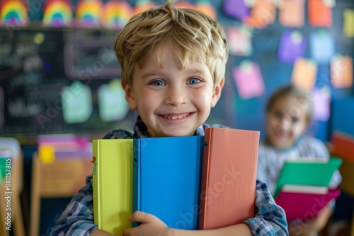 Enthusiastic student classroom displaying knowledge and cheer. Cheerful child books showing joy of learning classroom. Bright future education.