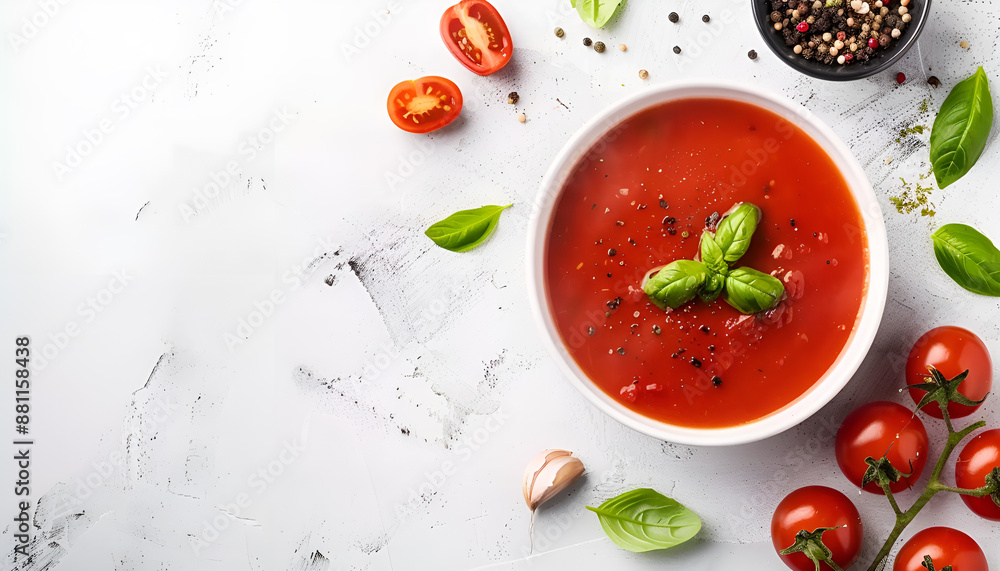 Tomato soup on light stone table. Vegan dish. Top view on light stone table. Tomato soup on light stone table. Vegan dish. Top view on light stone table.