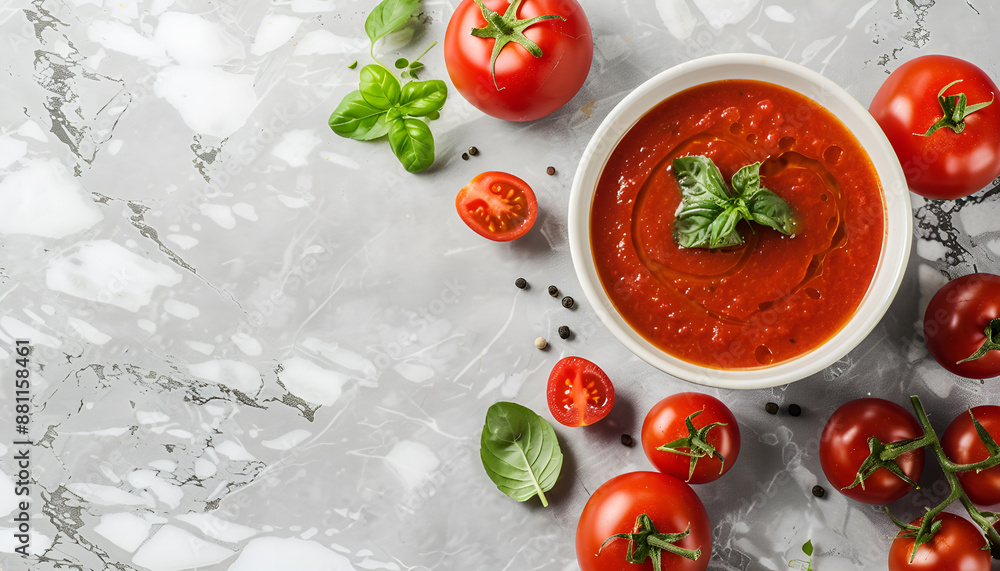 Tomato soup on light stone table. Vegan dish. Top view on light stone table. Tomato soup on light stone table. Vegan dish. Top view on light stone table.