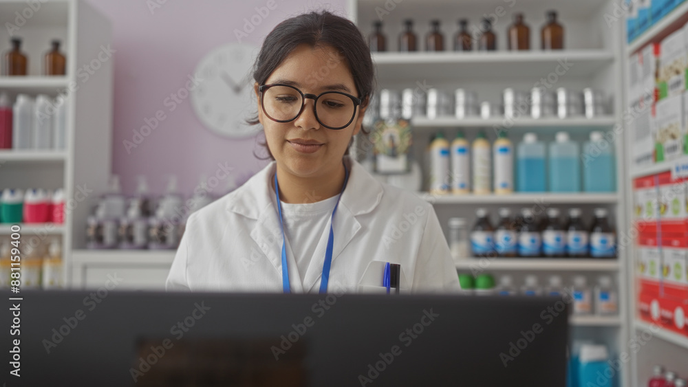 Young woman working in a pharmacy shop wearing glasses and a white lab coat staring at a computer screen in an indoor setting Young woman working in a pharmacy shop wearing glasses and a white lab coat staring at a computer screen in an indoor setting
