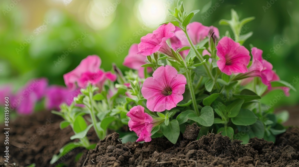 Transplanting pink petunia in garden soil during spring