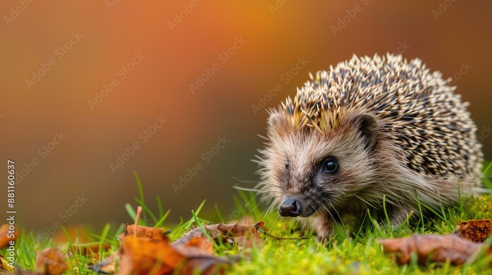 European hedgehog seeking food on a late autumn day with a grassy background European hedgehog seeking food on a late autumn day with a grassy background