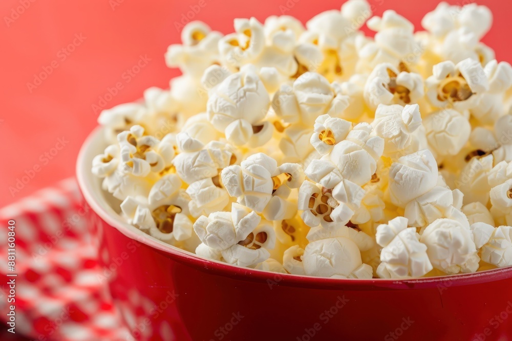 A red bowl overflowing with fluffy popcorn, ready to be enjoyed during a movie night. The popcorn is white and puffy, with visible buttery kernels. A red bowl overflowing with fluffy popcorn, ready to be enjoyed during a movie night. The popcorn is white and puffy, with visible buttery kernels.
