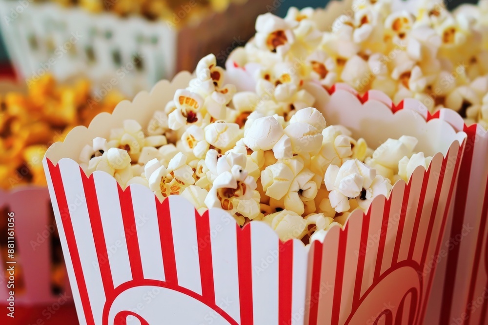 A close-up view of a striped popcorn container overflowing with fluffy, white kernels, capturing the quintessential movie-night snack. A close-up view of a striped popcorn container overflowing with fluffy, white kernels, capturing the quintessential movie-night snack.