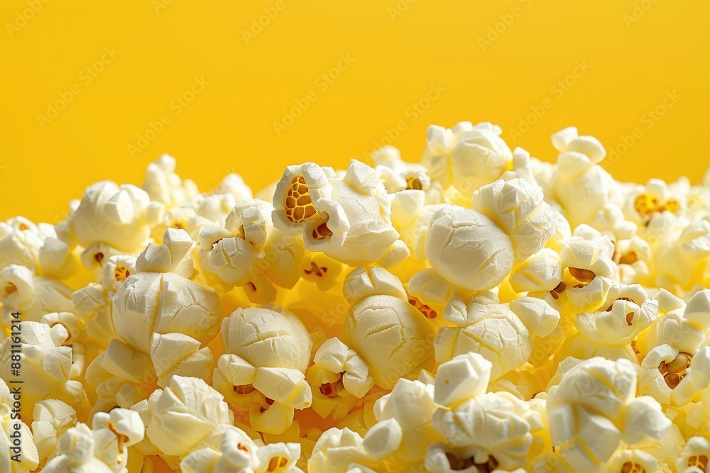 A close-up view of a mound of fluffy popcorn against a bright yellow background, capturing the texture and detail of each kernel. A close-up view of a mound of fluffy popcorn against a bright yellow background, capturing the texture and detail of each kernel.