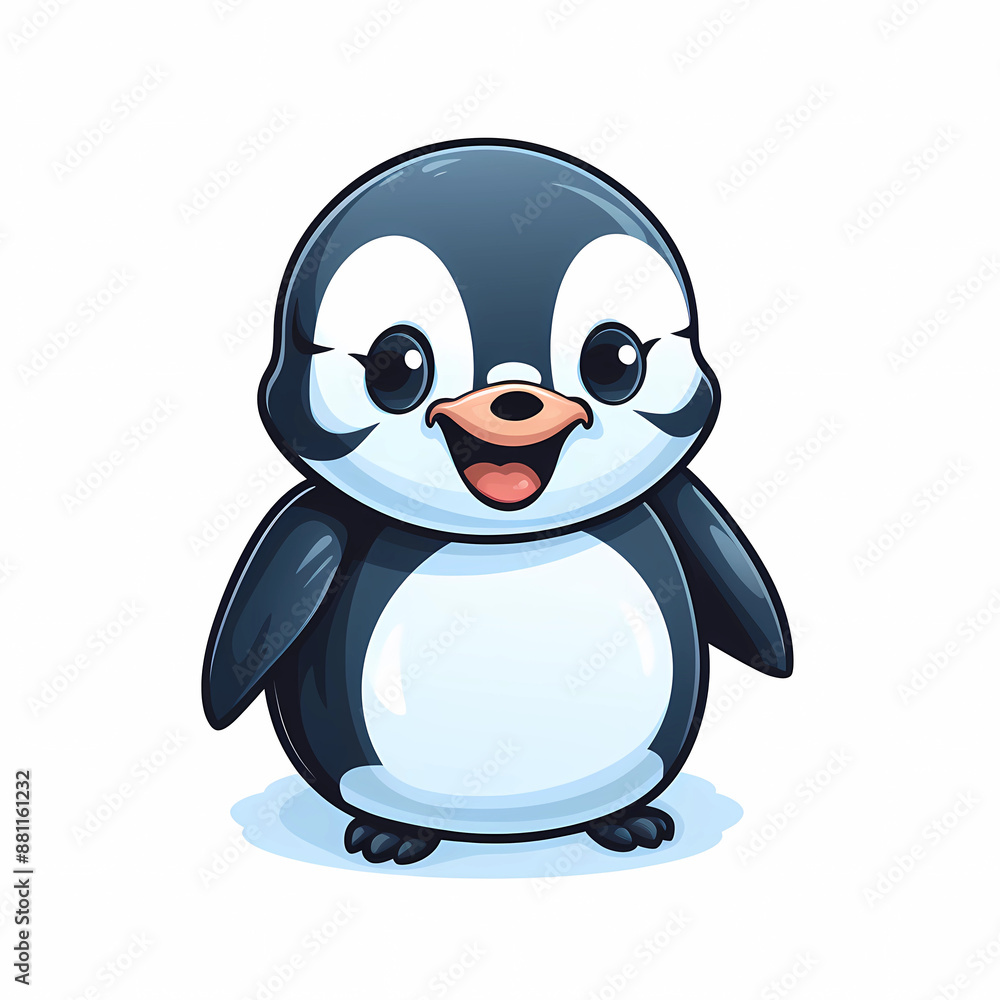 Fototapeta premium Cute cartoon penguin character with big eyes and a happy smile, on a white background