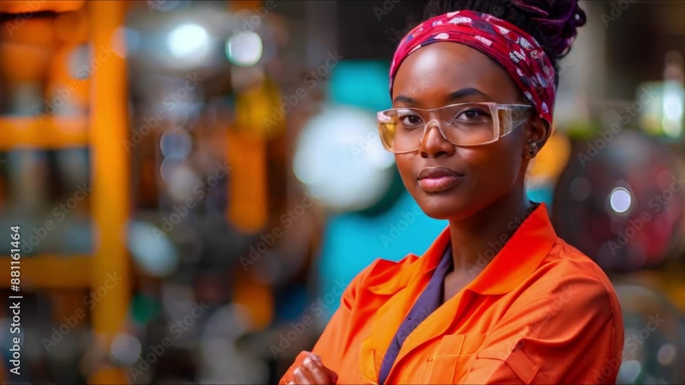 Portrait of intelligent African female engineer in factory workplace. Concept Engineering, African American, Female Professional, Factory Setting, Portrait Photography Portrait of intelligent African female engineer in factory workplace. Concept Engineering, African American, Female Professional, Factory Setting, Portrait Photography
