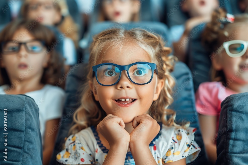 A young girl wearing glasses, with her hands clasped in front of her, watches a movie with a wide-eyed expression of joy and wonder. A young girl wearing glasses, with her hands clasped in front of her, watches a movie with a wide-eyed expression of joy and wonder.