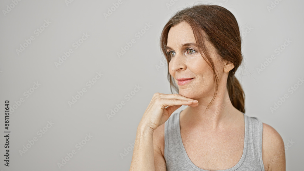 A thoughtful middle-aged woman with short hair gazes away against a white background. A thoughtful middle-aged woman with short hair gazes away against a white background.