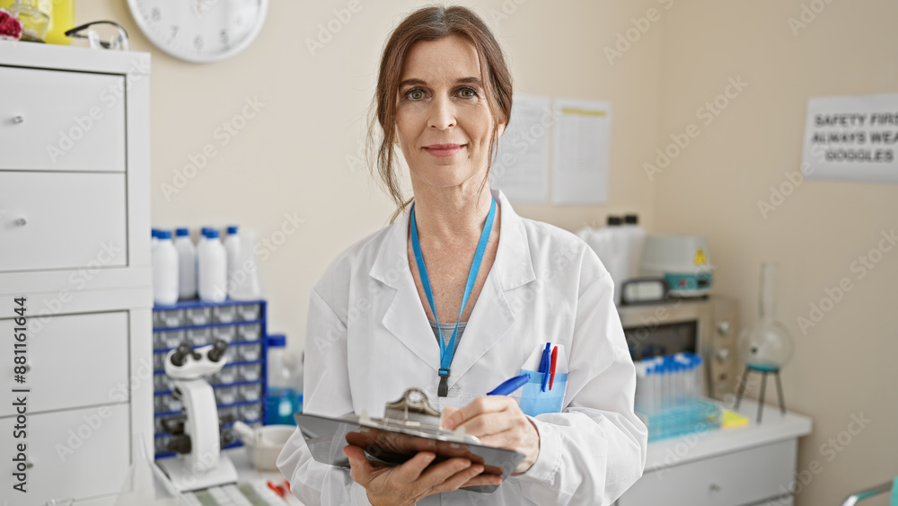 Friendly middle-aged woman in a lab coat holding a clipboard in a well-equipped laboratory setting. Friendly middle-aged woman in a lab coat holding a clipboard in a well-equipped laboratory setting.