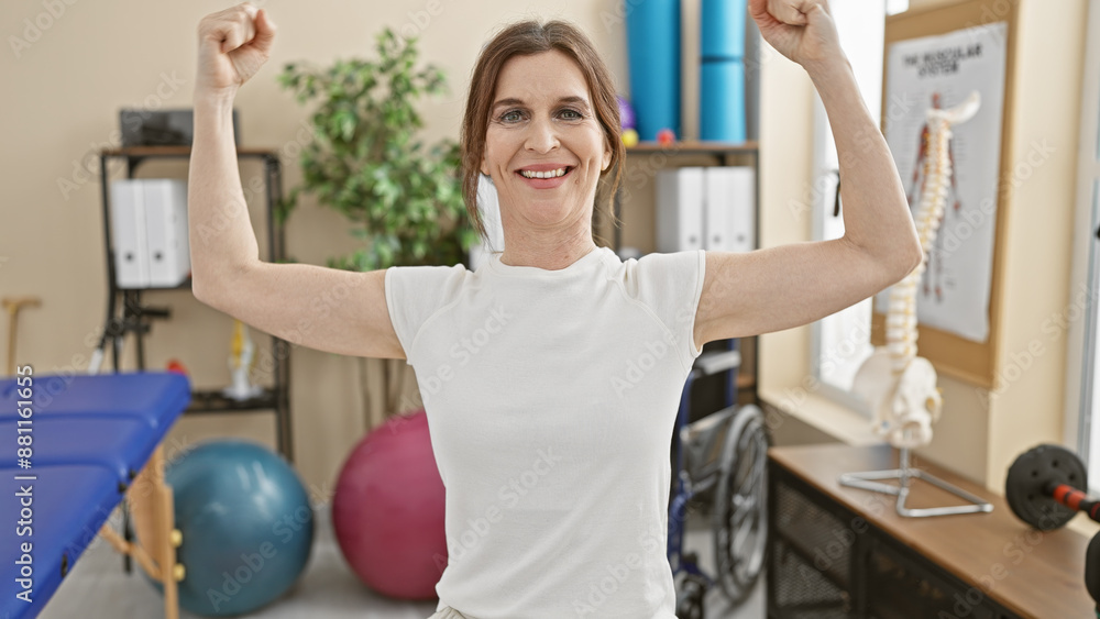 Mature woman flexing muscles with a smile in a physiotherapy clinic interior Mature woman flexing muscles with a smile in a physiotherapy clinic interior