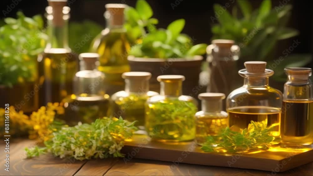 Natural Remedies: Herbal Blends and Essential Oils Displayed on Wooden Table. Concept Herbal Remedies, Essential Oils, Natural Blends, Wooden Table Display