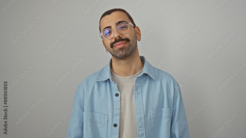 Handsome hispanic man with moustache and glasses isolated over white background wall in casual attire Handsome hispanic man with moustache and glasses isolated over white background wall in casual attire