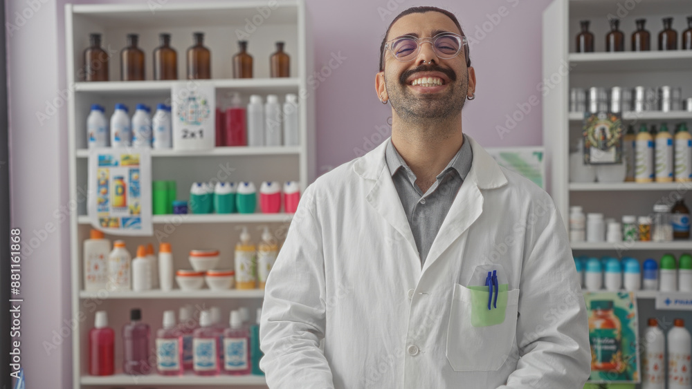 Young hispanic man with moustache smiling in pharmacy shop wearing white coat and glasses Young hispanic man with moustache smiling in pharmacy shop wearing white coat and glasses