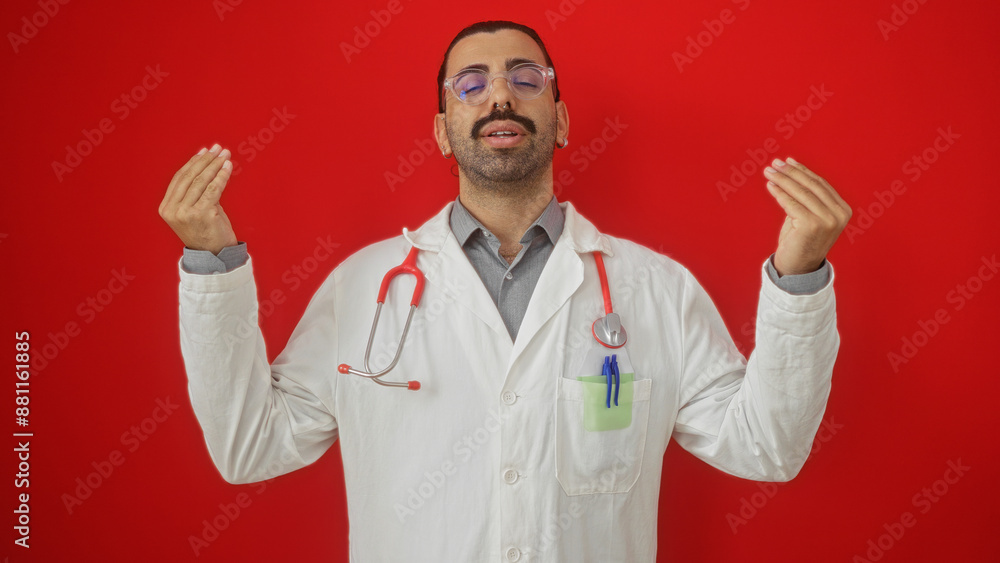 Handsome young hispanic man with a moustache posing isolated over a red background wearing a white lab coat and stethoscope. Handsome young hispanic man with a moustache posing isolated over a red background wearing a white lab coat and stethoscope.