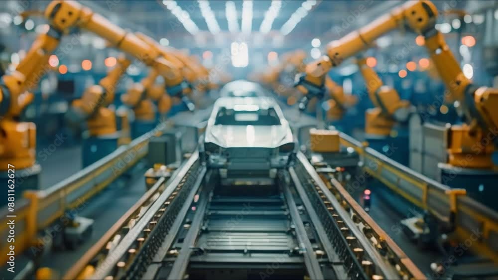 Robotic Arms and Industrial Colors in an Automated Car Manufacturing Line. Concept Automated Manufacturing, Robotic Arms, Industrial Colors, Car Production, Technology Innovation Robotic Arms and Industrial Colors in an Automated Car Manufacturing Line. Concept Automated Manufacturing, Robotic Arms, Industrial Colors, Car Production, Technology Innovation