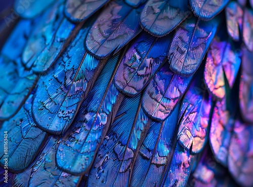 Closeup of the wing texture, detail shot of an iridescent butterfly's wings with blue and purple hues, macro photography style, vibrant colors, natural lighting