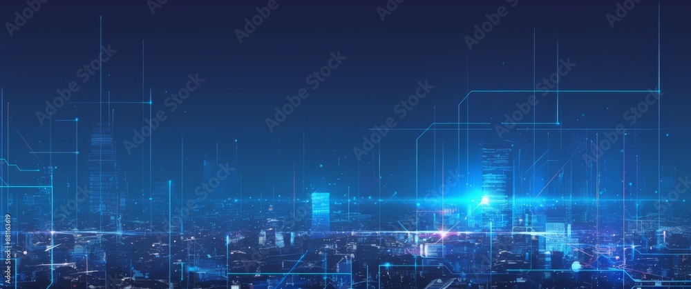 Naklejka premium Abstract Blue Technology Background with Glowing Cityscape and Business Charts
