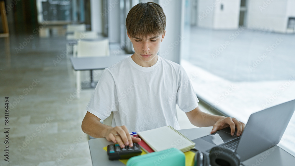 A young caucasian male student studying with a laptop, calculator, and notebooks at a university library table. A young caucasian male student studying with a laptop, calculator, and notebooks at a university library table.