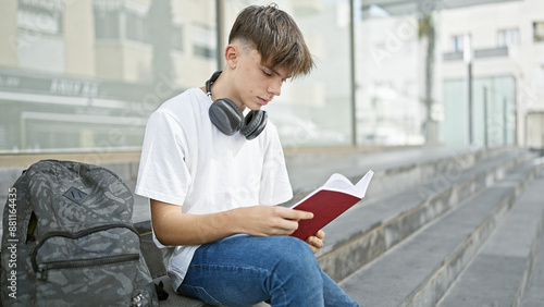 A young caucasian male teen reads a book outdoors on a city street with headphones and a backpack.