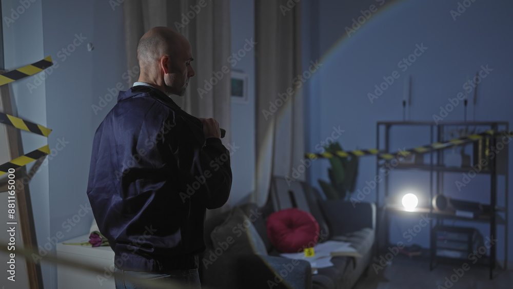 Bald man stands pensively in a dim indoor crime scene with caution tape, sofa, and lamp. Bald man stands pensively in a dim indoor crime scene with caution tape, sofa, and lamp.