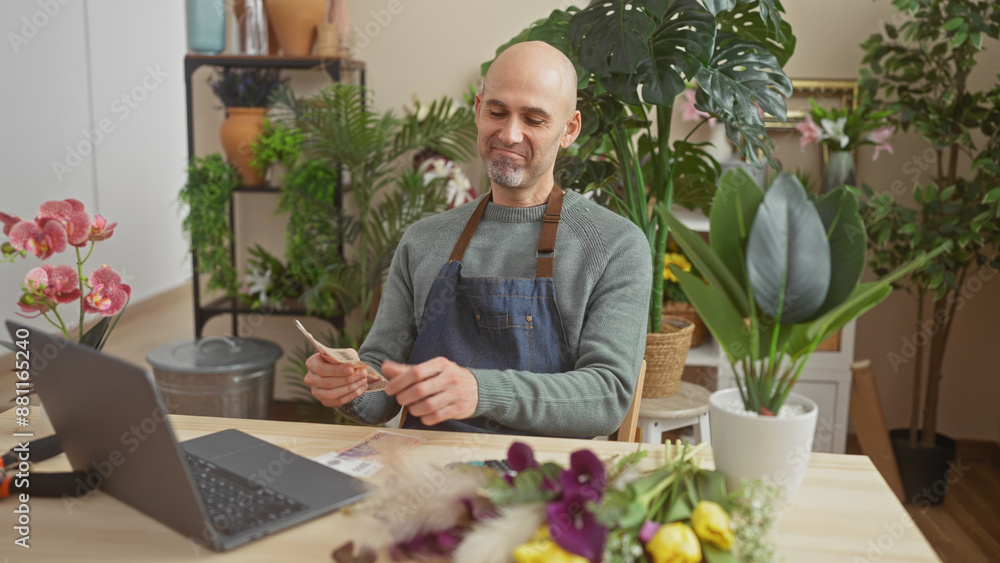 Bald bearded man counts currency indoor at a lush flower shop with laptop Bald bearded man counts currency indoor at a lush flower shop with laptop