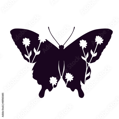 Silhouette, decorative stamp of a butterfly with botanical elements.Vector graphics.