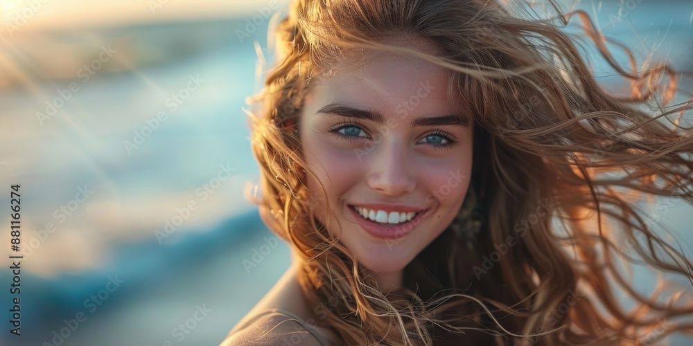 A young woman with flowing golden hair smiles brightly as the sun sets over the water A young woman with flowing golden hair smiles brightly as the sun sets over the water