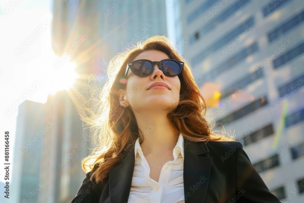 A woman in sunglasses stands on a city street, bathed in the golden light of the setting sun A woman in sunglasses stands on a city street, bathed in the golden light of the setting sun