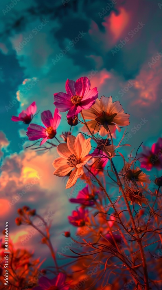A colorful flower arrangement with a blue sky background. The flowers are in various shades of pink and purple, and the sky is filled with fluffy white clouds. Scene is cheerful and uplifting A colorful flower arrangement with a blue sky background. The flowers are in various shades of pink and purple, and the sky is filled with fluffy white clouds. Scene is cheerful and uplifting