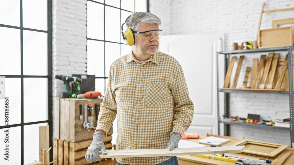 Senior man with grey hair wearing safety glasses and earmuffs holds wood in carpentry workshop Senior man with grey hair wearing safety glasses and earmuffs holds wood in carpentry workshop