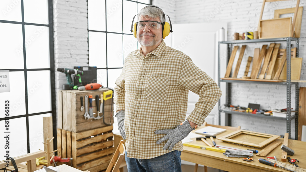 Confident senior man with grey hair wearing safety headphones stands in a sunny carpentry workshop. Confident senior man with grey hair wearing safety headphones stands in a sunny carpentry workshop.