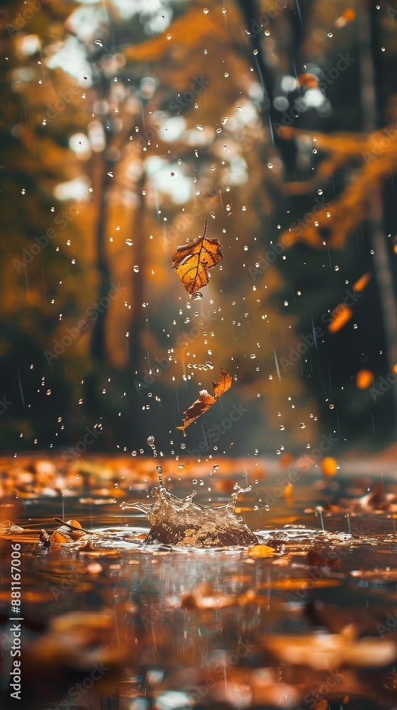 A leaf is on the ground in the rain. The leaf is yellow and has water droplets on it A leaf is on the ground in the rain. The leaf is yellow and has water droplets on it
