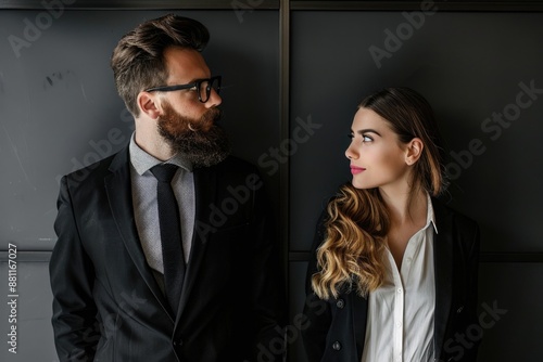 A man and woman stand side-by-side, gazing at each other with intensity, their eyes locked in a silent exchange photo