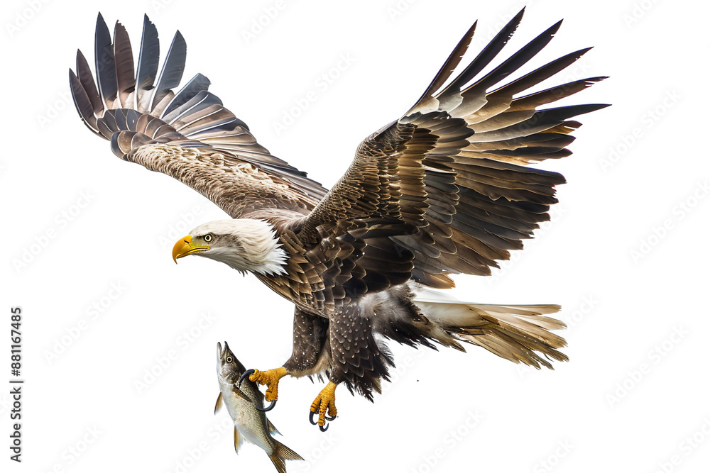 Fototapeta premium Impressive eagle with fish in talons on a clear white background