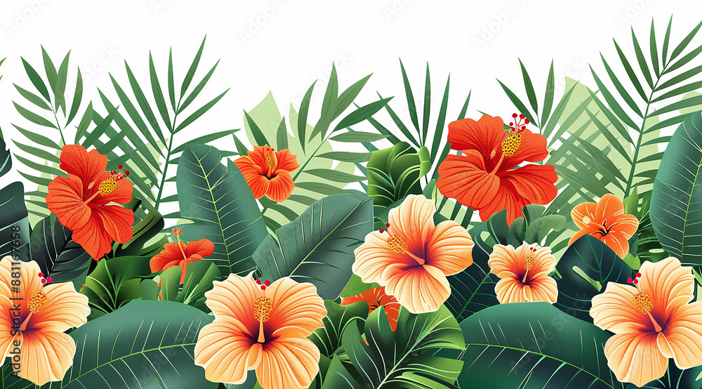 Plants and flowers illustration, vector background, orange and green leaves with red hibiscus flowers Plants and flowers illustration, vector background, orange and green leaves with red hibiscus flowers