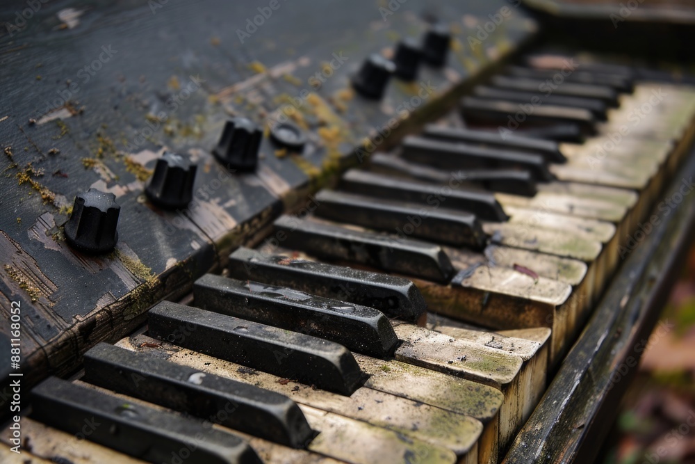 An old, weathered piano sits forgotten in the wilderness, its keys covered in moss and grime An old, weathered piano sits forgotten in the wilderness, its keys covered in moss and grime