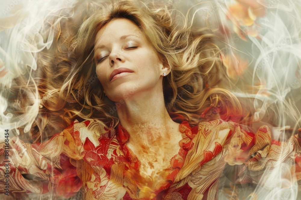 A woman with flowing blonde hair lies peacefully amidst swirling ethereal mist, her eyes closed in tranquility A woman with flowing blonde hair lies peacefully amidst swirling ethereal mist, her eyes closed in tranquility