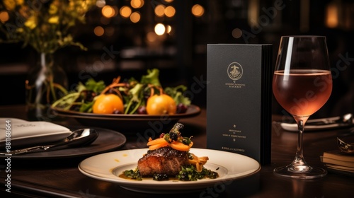 Elegant wedding menu invitation card mockup on fine dining table in upscale restaurant