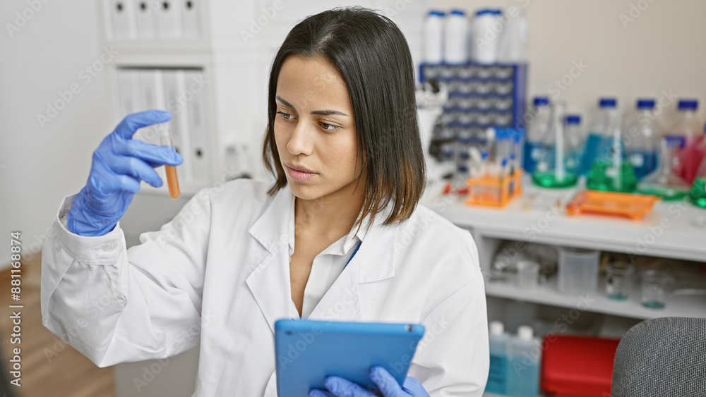 A focused young woman scientist examining a test tube in a modern laboratory while holding a tablet. A focused young woman scientist examining a test tube in a modern laboratory while holding a tablet.