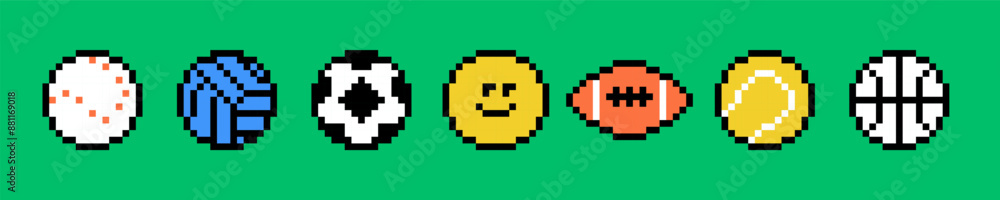 Obraz premium Soccer, tennis, baseball, football, basketball, volleyball icon set. Play balls pixel art pattern.Y2k trendy playful pixelated stickers. Mood of 90's aesthetics. 8-bit retro style vector illustration
