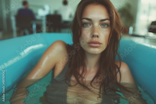 Business Woman Working from a Kiddie Pool photo